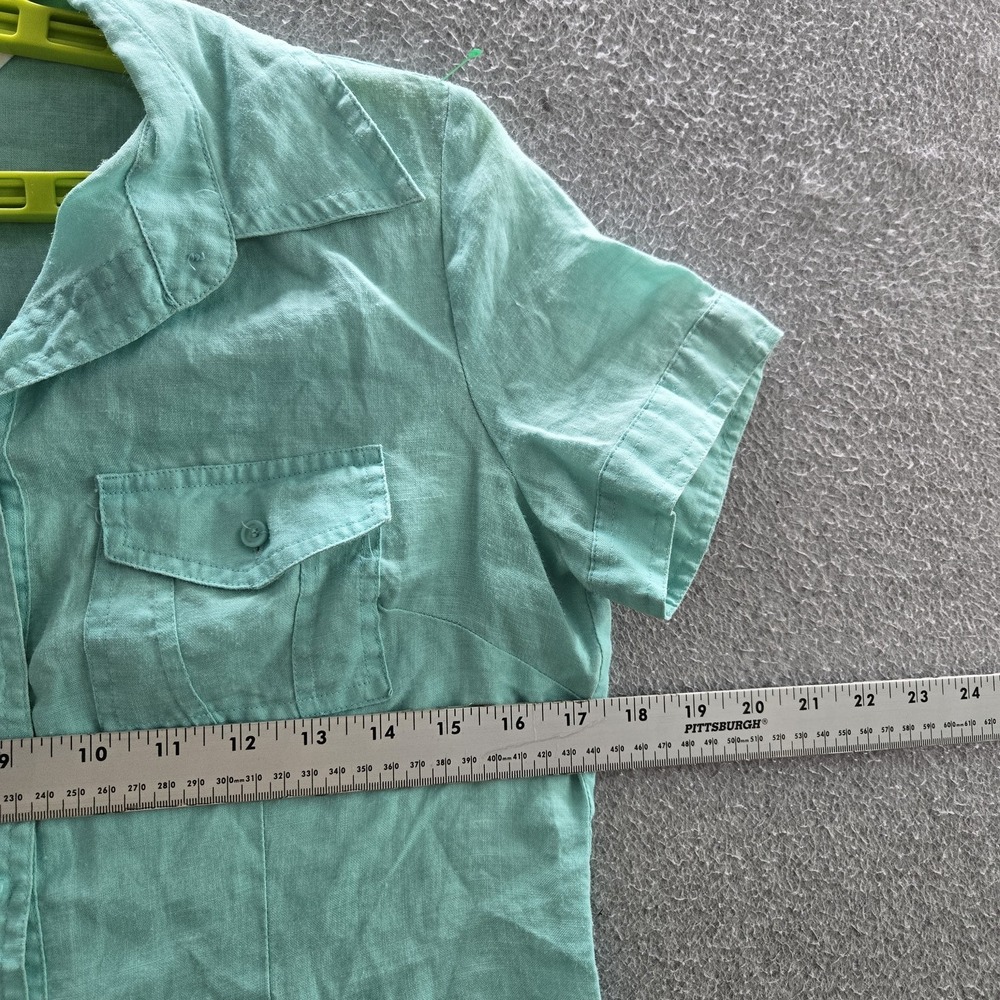 Allison Taylor Women Button Up Shirt S Green Linen Collared Front Short Sleeve - Picture 5 of 7